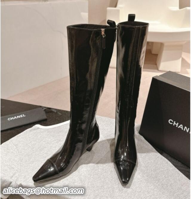 Sumptuous Chanel Patent Calfskin Heel Pointed High Boots Blac 909103