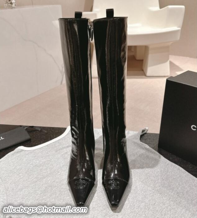 Sumptuous Chanel Patent Calfskin Heel Pointed High Boots Blac 909103