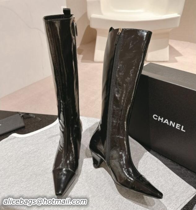 Sumptuous Chanel Patent Calfskin Heel Pointed High Boots Blac 909103