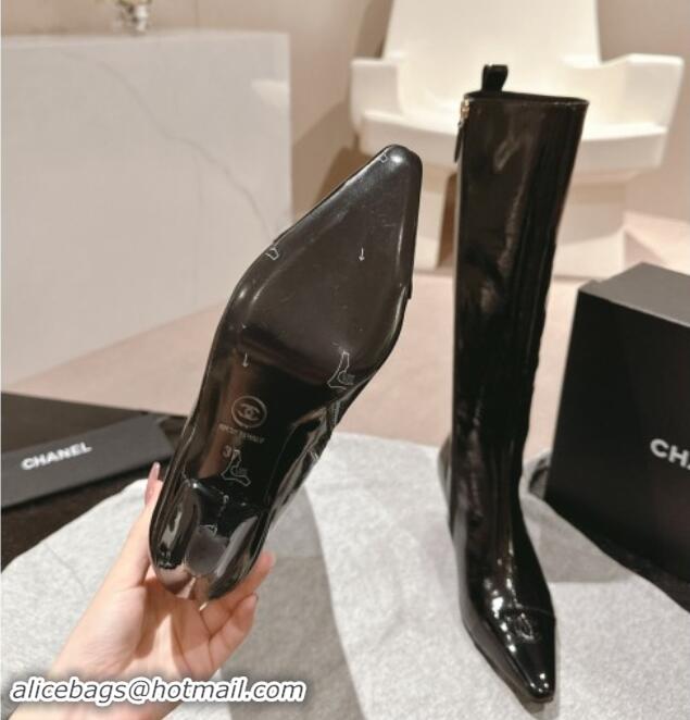 Sumptuous Chanel Patent Calfskin Heel Pointed High Boots Blac 909103