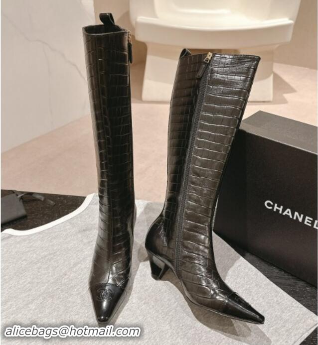 1:1 aaaaa Chanel Embossed Calfskin Heel Pointed High Boots Black 909104