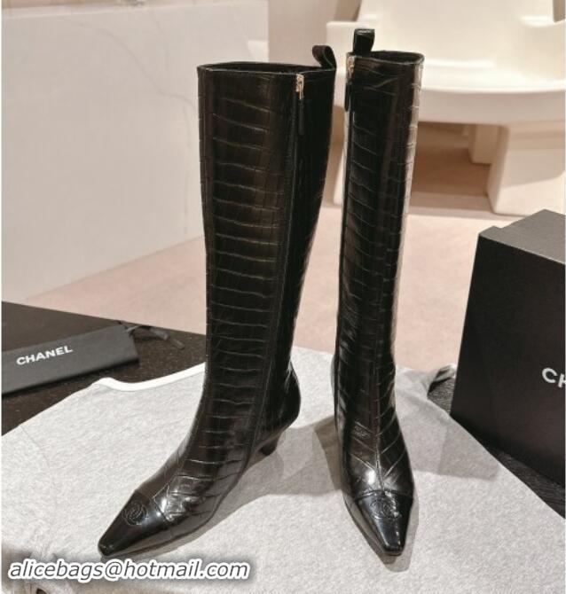 1:1 aaaaa Chanel Embossed Calfskin Heel Pointed High Boots Black 909104