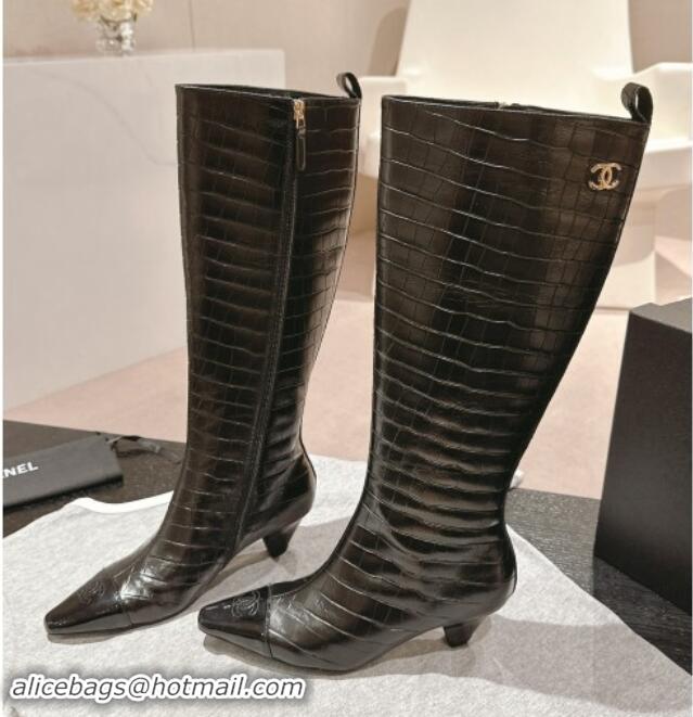 1:1 aaaaa Chanel Embossed Calfskin Heel Pointed High Boots Black 909104