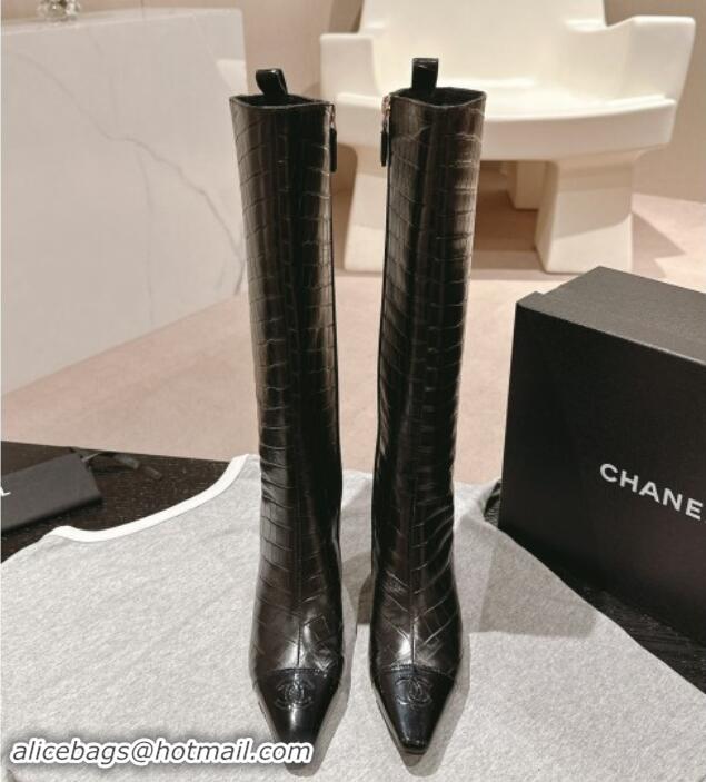 1:1 aaaaa Chanel Embossed Calfskin Heel Pointed High Boots Black 909104