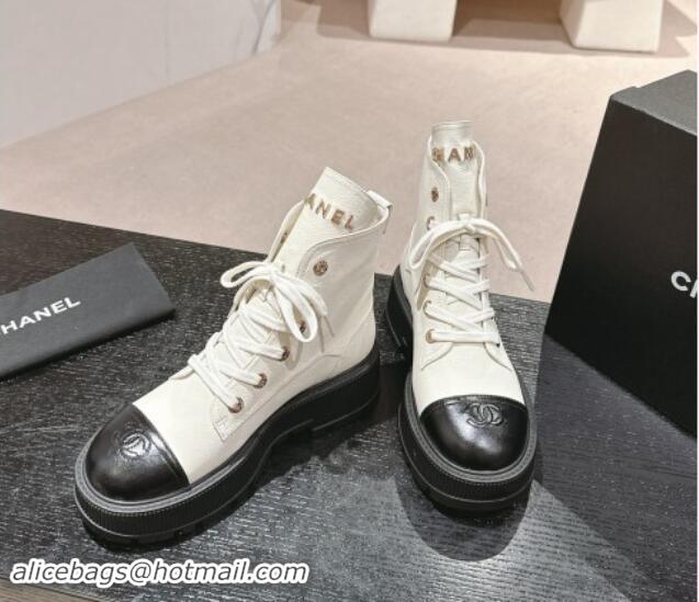 Hot Style Chanel Calfskin Leather Lace-up Platform Ankle Boots White 909105