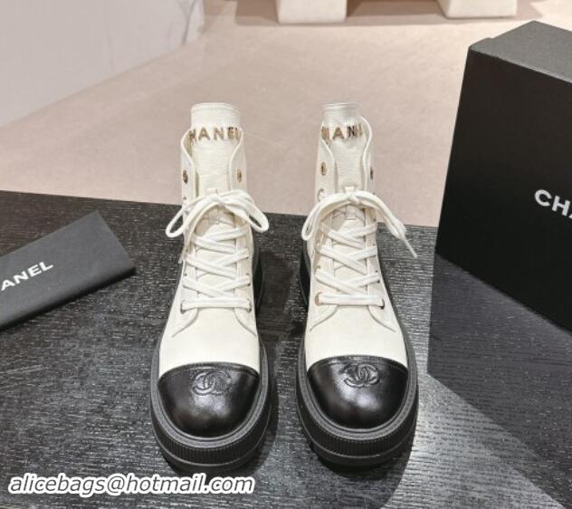 Hot Style Chanel Calfskin Leather Lace-up Platform Ankle Boots White 909105