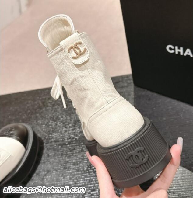 Hot Style Chanel Calfskin Leather Lace-up Platform Ankle Boots White 909105