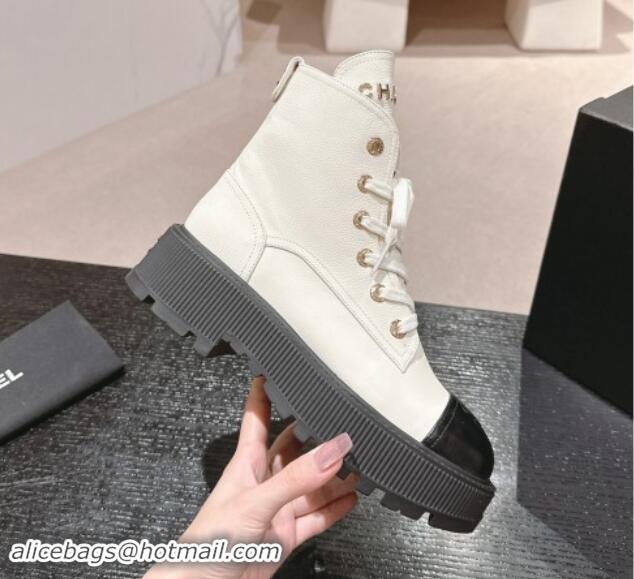 Hot Style Chanel Calfskin Leather Lace-up Platform Ankle Boots White 909105