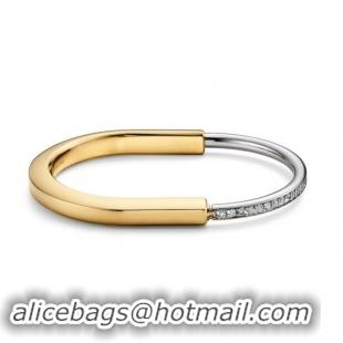 Best Price Tiffany Lock Half Pave Diamond 18k Yellow and White Gold Bangle T8745