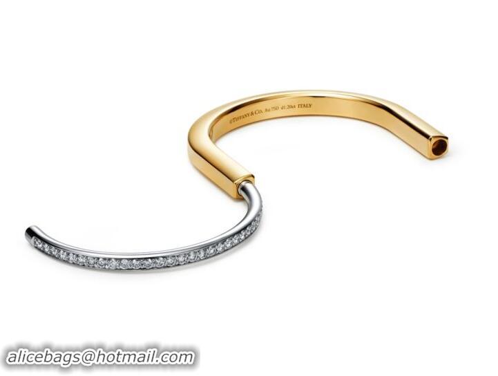 Best Price Tiffany Lock Half Pave Diamond 18k Yellow and White Gold Bangle T8745