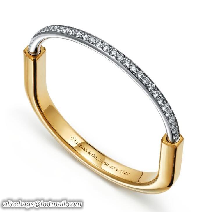 Best Price Tiffany Lock Half Pave Diamond 18k Yellow and White Gold Bangle T8745