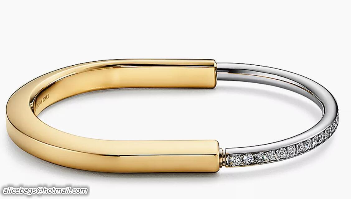 Best Price Tiffany Lock Half Pave Diamond 18k Yellow and White Gold Bangle T8745