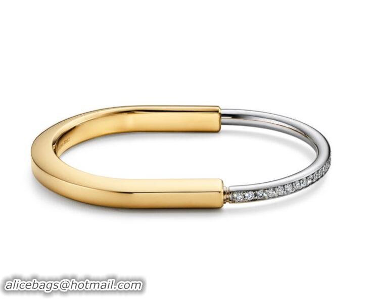 Best Price Tiffany Lock Half Pave Diamond 18k Yellow and White Gold Bangle T8745