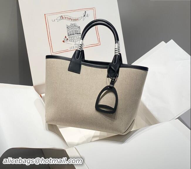 Super Quality Hermes Steeple Tote Bag 28cm in Canvas and Calfskin H5018 Natural/Black 2024 (Half Handmade)