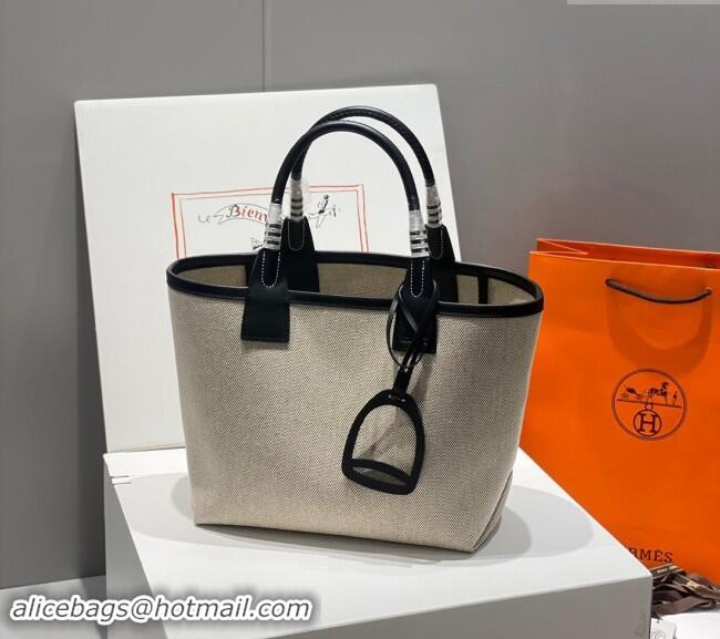 Super Quality Hermes Steeple Tote Bag 28cm in Canvas and Calfskin H5018 Natural/Black 2024 (Half Handmade)