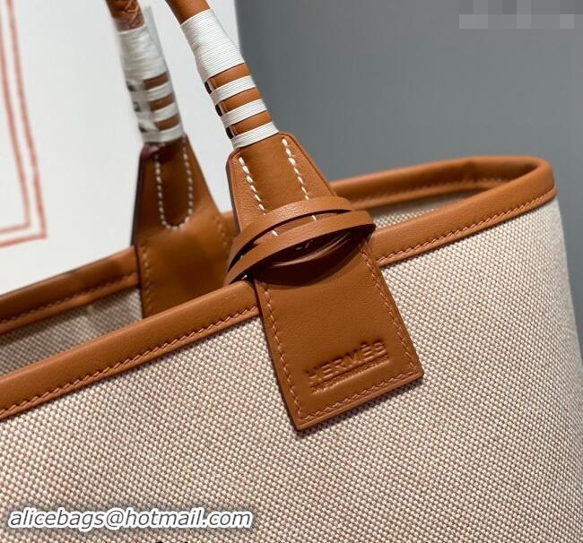 Trendy Design Hermes Steeple Tote Bag 28cm in Canvas and Calfskin H5018 Natural/Brown 2024 (Half Handmade)