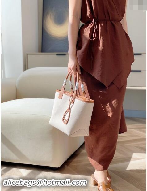 Trendy Design Hermes Steeple Tote Bag 28cm in Canvas and Calfskin H5018 Natural/Brown 2024 (Half Handmade)