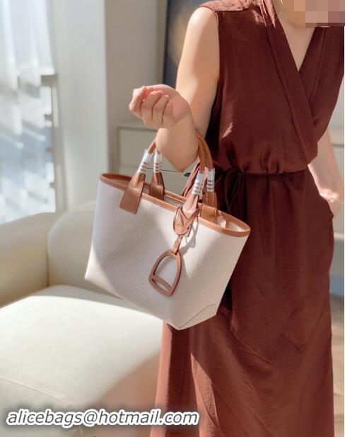 Trendy Design Hermes Steeple Tote Bag 28cm in Canvas and Calfskin H5018 Natural/Brown 2024 (Half Handmade)