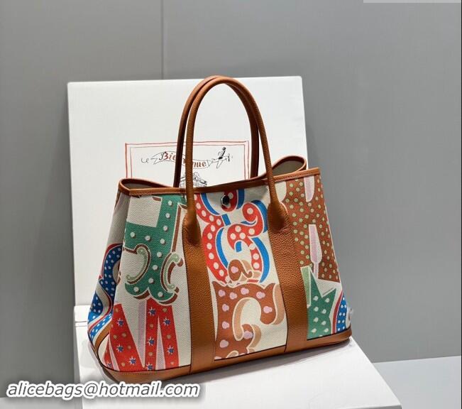 Grade Quality Hermes Garden Party Bag 30/36cm in Printed Canvas and Calfskin H5039 Brown 2024 (Half Handmade)