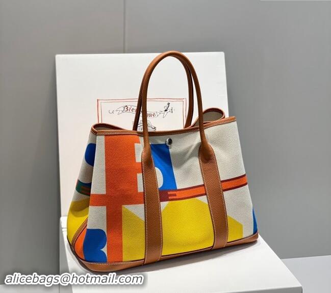 Top Design Hermes Garden Party Bag 30/36cm in Printed Canvas and Calfskin H5039 Brown 2024 (Half Handmade)