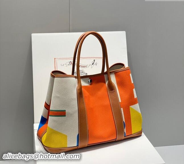 Top Design Hermes Garden Party Bag 30/36cm in Printed Canvas and Calfskin H5039 Brown 2024 (Half Handmade)