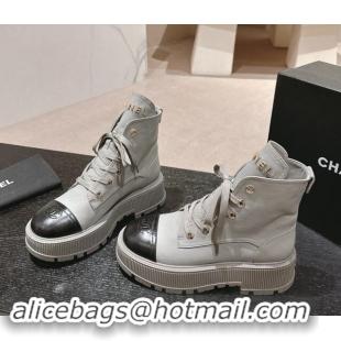 Pretty Style Chanel Calfskin Leather Lace-up Platform Ankle Boots Grey 909106