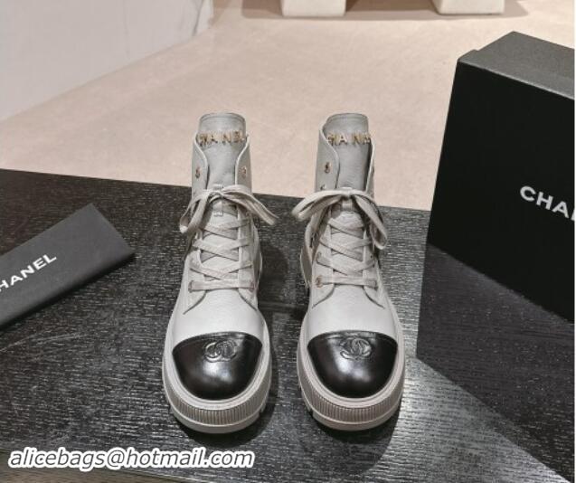 Pretty Style Chanel Calfskin Leather Lace-up Platform Ankle Boots Grey 909106