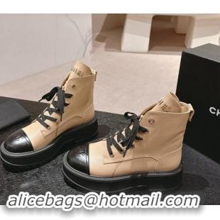 Sumptuous Chanel Calfskin Leather Lace-up Platform Ankle Boots Beige 909107