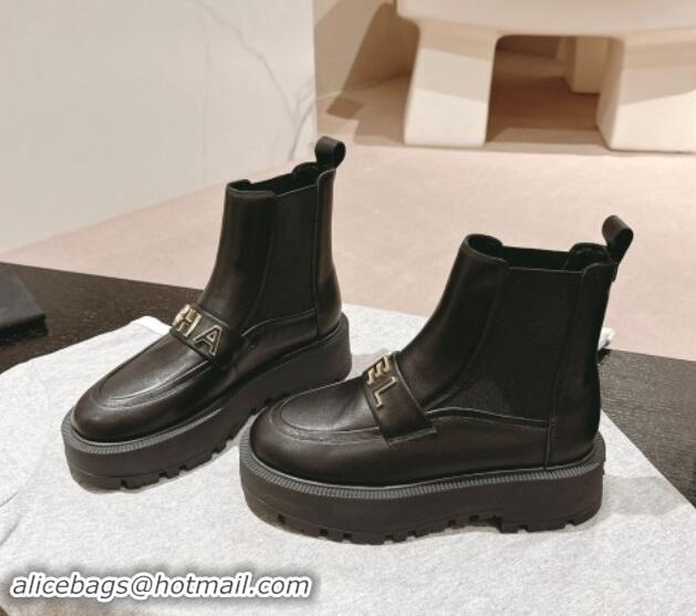 Charming Chanel Calfskin Leather Chelsea Platform Ankle Boots with CHANEL Band Black 909109