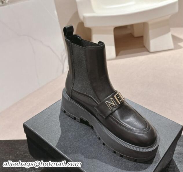 Charming Chanel Calfskin Leather Chelsea Platform Ankle Boots with CHANEL Band Black 909109