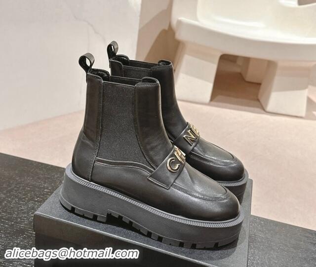 Charming Chanel Calfskin Leather Chelsea Platform Ankle Boots with CHANEL Band Black 909109