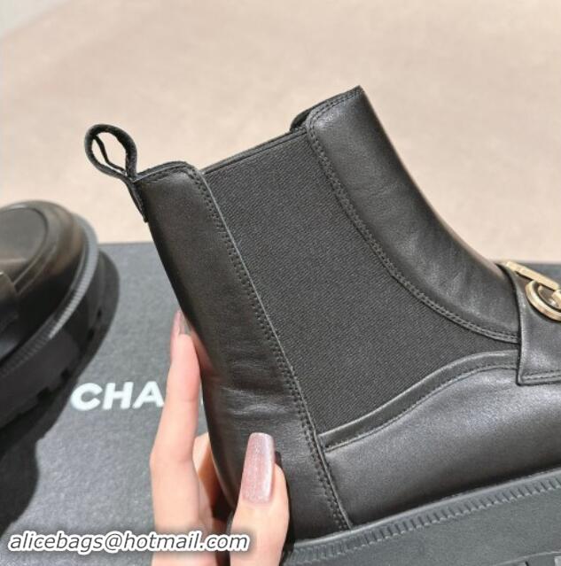 Charming Chanel Calfskin Leather Chelsea Platform Ankle Boots with CHANEL Band Black 909109