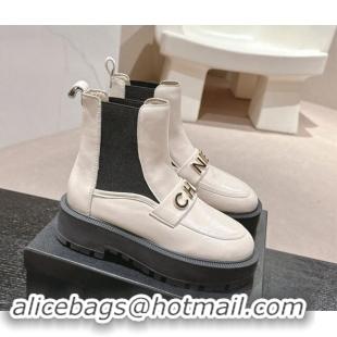 Grade Chanel Calfskin Chelsea Platform Ankle Boots with CHANEL Band White 909110