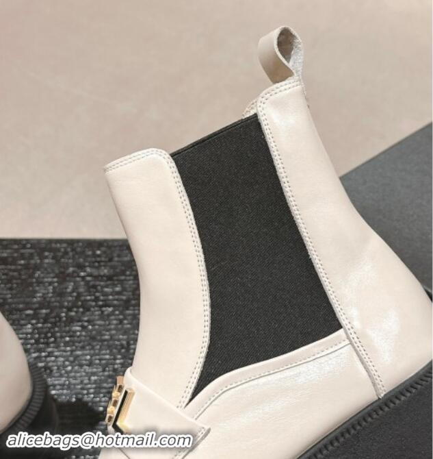 Grade Chanel Calfskin Chelsea Platform Ankle Boots with CHANEL Band White 909110