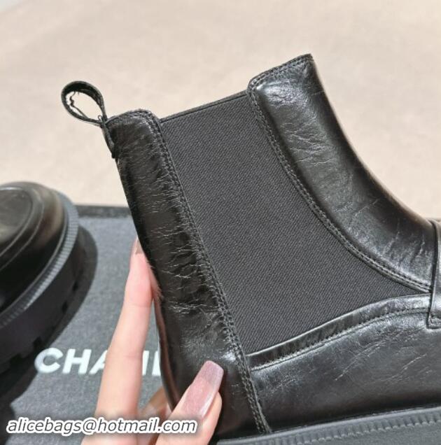 Trendy Design Chanel Aged Calfskin Chelsea Platform Ankle Boots with CHANEL Band Black 909111