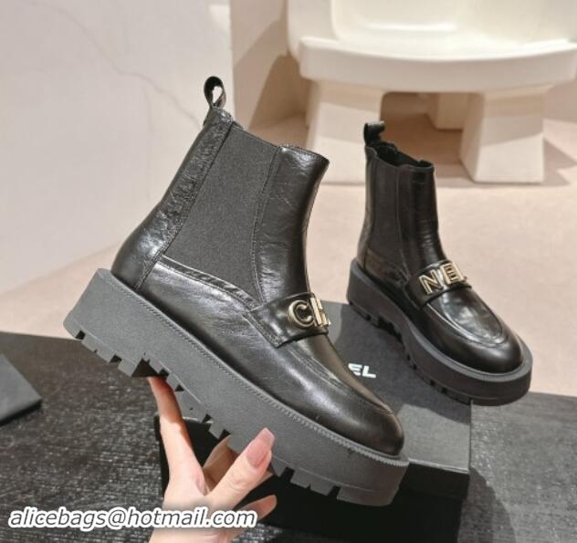 Trendy Design Chanel Aged Calfskin Chelsea Platform Ankle Boots with CHANEL Band Black 909111