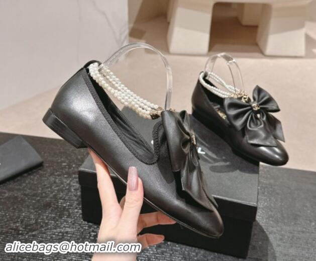 Hot Style Chanel Black Loafers Flat with Pearls Ankle Strap and Maxi BoHot Style Chanel Black Loafers Flat with Pearls A