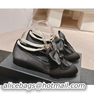 Stylish Chanel Satin Loafers Flat with Pearls Ankle Strap and Maxi Bow Black 909112