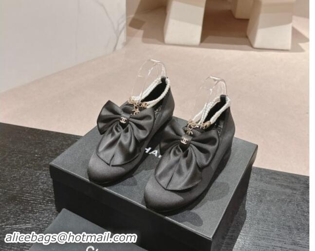 Stylish Chanel Satin Loafers Flat with Pearls Ankle Strap and Maxi Bow Black 909112