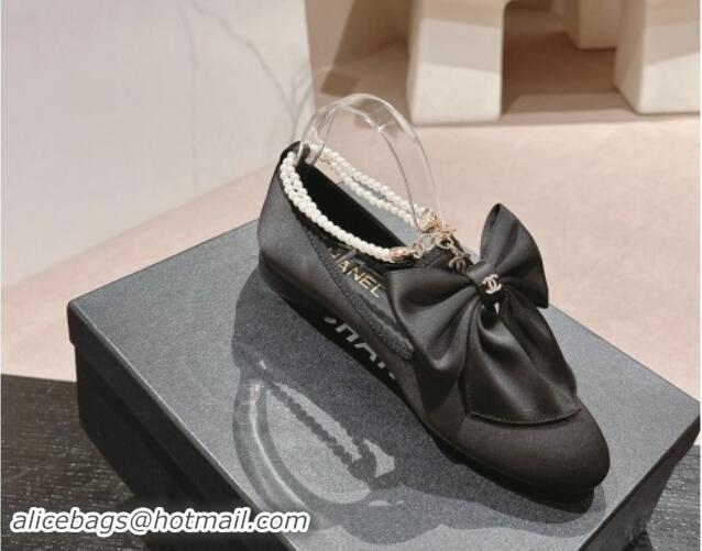 Stylish Chanel Satin Loafers Flat with Pearls Ankle Strap and Maxi Bow Black 909112