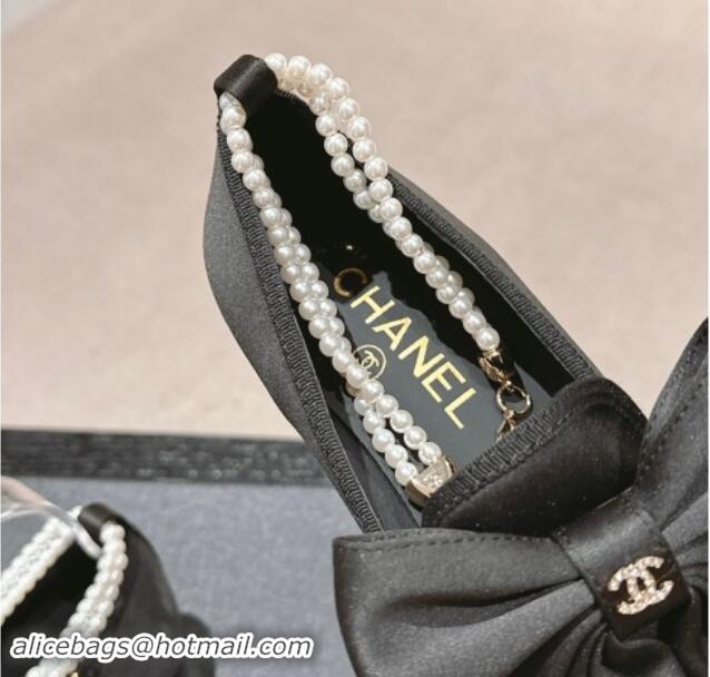 Stylish Chanel Satin Loafers Flat with Pearls Ankle Strap and Maxi Bow Black 909112