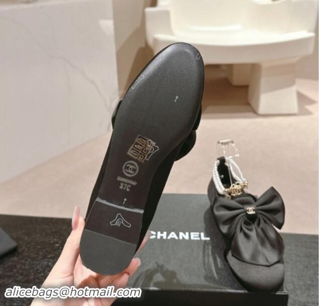 Stylish Chanel Satin Loafers Flat with Pearls Ankle Strap and Maxi Bow Black 909112