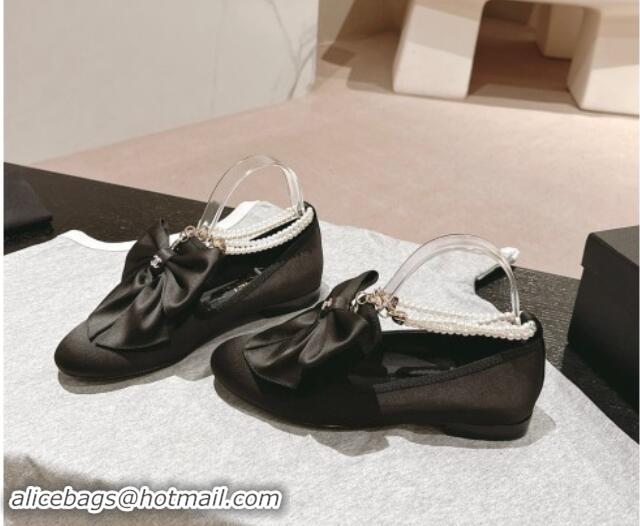 Stylish Chanel Satin Loafers Flat with Pearls Ankle Strap and Maxi Bow Black 909112