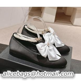 Unique Style Chanel Satin Loafers Flat with Pearls Ankle Strap and Maxi Bow Black/White 909113