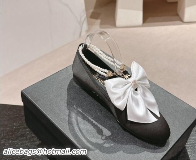 Unique Style Chanel Satin Loafers Flat with Pearls Ankle Strap and Maxi Bow Black/White 909113