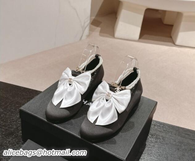 Unique Style Chanel Satin Loafers Flat with Pearls Ankle Strap and Maxi Bow Black/White 909113