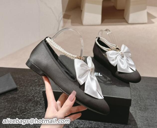 Unique Style Chanel Satin Loafers Flat with Pearls Ankle Strap and Maxi Bow Black/White 909113