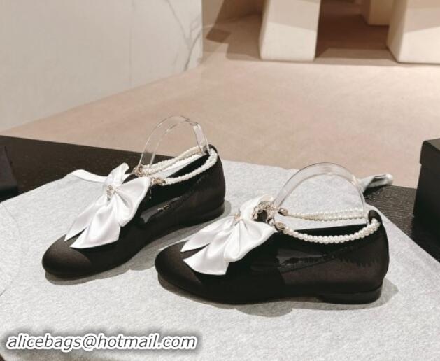 Unique Style Chanel Satin Loafers Flat with Pearls Ankle Strap and Maxi Bow Black/White 909113