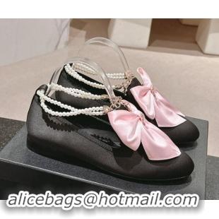 Popular Style Chanel Satin Loafers Flat with Pearls Ankle Strap and Maxi Bow Black/Pink 909114