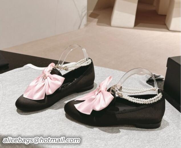 Popular Style Chanel Satin Loafers Flat with Pearls Ankle Strap and Maxi Bow Black/Pink 909114